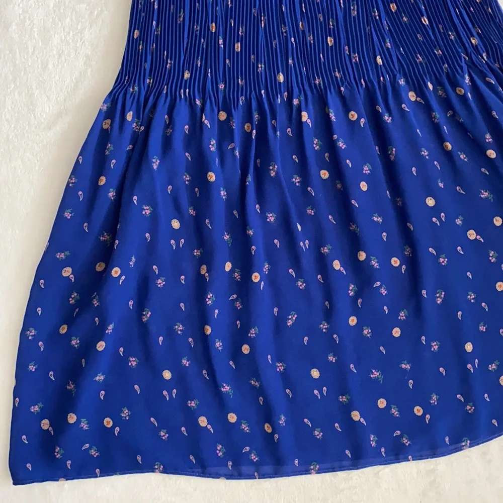 Vintage | Puff Sleeve Accordion Pleat Drop Waist Midi Dress Blue Floral Boho - Picture 14 of 16